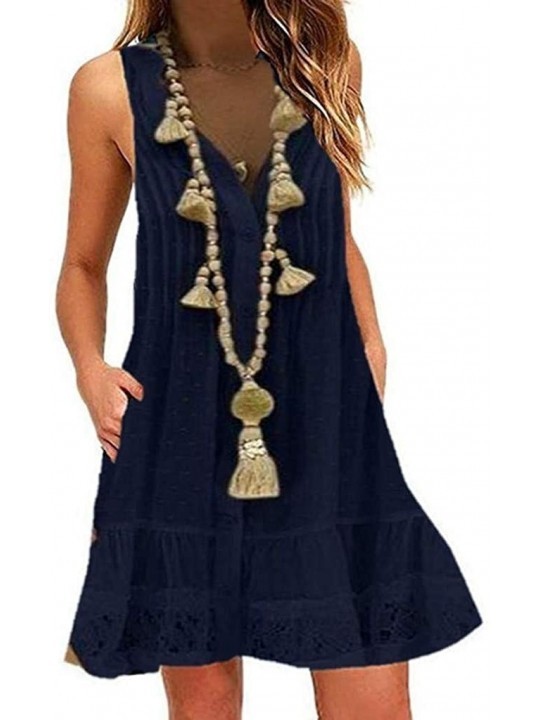 Cover-Ups Ladies Summer Large Size Dress Women's Elegant Sleeveless V Neck Party Dress Casual Tops - Blue - CL18TWAD5L4 $21.77