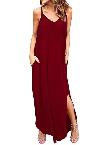 Rash Guards Women Summer Casual Pockets Strappy Long Dress Beach Cami Split Maxi Dress - Red - CY18TW7HGX2 $35.60