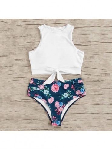 Sets Sexy Bikini Set Bathing Suits Two Pieces Swimwear Women's Knot Front Crop Top Swimsuit with Floral Printing White 1 - CV...