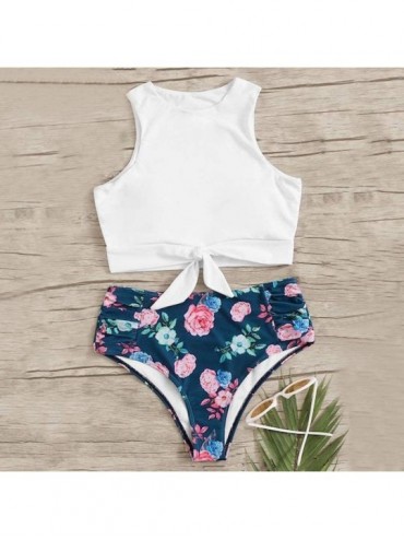 Sets Sexy Bikini Set Bathing Suits Two Pieces Swimwear Women's Knot Front Crop Top Swimsuit with Floral Printing White 1 - CV...