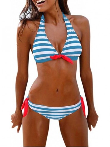 Tops Women's Sexy Striped Print Swimsuit Bikini Bra Bra Beachwear Two-Piece Swimsuit - Light Blue - CP18T2K9KNN $27.26