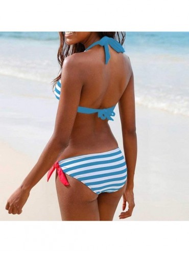 Tops Women's Sexy Striped Print Swimsuit Bikini Bra Bra Beachwear Two-Piece Swimsuit - Light Blue - CP18T2K9KNN $17.55