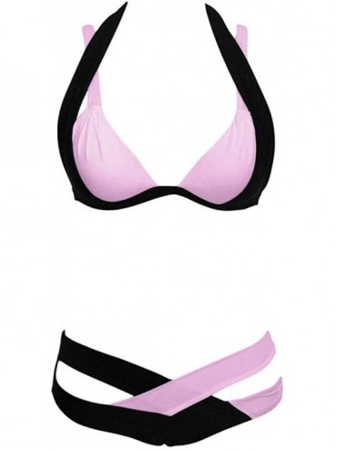 Sets Women's Sexy 2 Piece Color Block Criss Cross Bandage Bikini Set Triangle Bottoms Halter Bathing Suits Swimwear Pink - CV...
