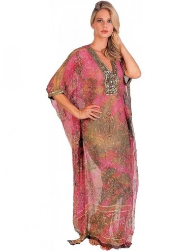 Cover-Ups Rayon Crepe Cover Up - Pink/Gold Beaded - CD193EN3Z7L $35.27