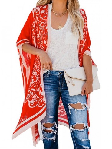 Cover-Ups Womens Open Front Printed Loose Style Kimonos Casual Bikini Set Swimwear Cover Up - D Red - CG192TXZ7WX $36.44