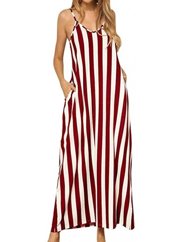 Bottoms Women's Chic Spaghetti Strap Loose Fit Maxi Dress Classic Striped Vacation Holiday Beach Sundress with Pockets Red - ...