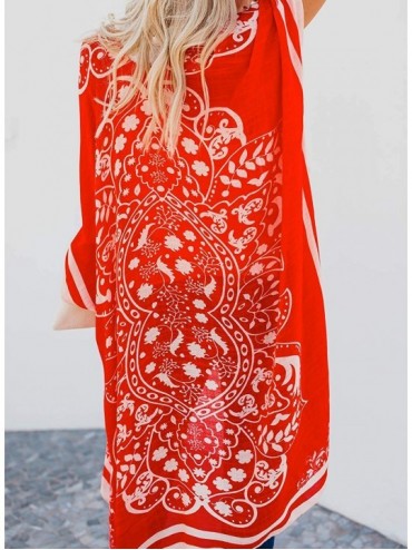 Cover-Ups Womens Open Front Printed Loose Style Kimonos Casual Bikini Set Swimwear Cover Up - D Red - CG192TXZ7WX $17.23