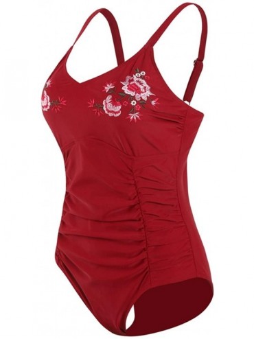 One-Pieces Women One Piece Swimsuit Ruched Floral Printed Swimwear Bathing Suit - Red - CN1949DOLNR $13.73