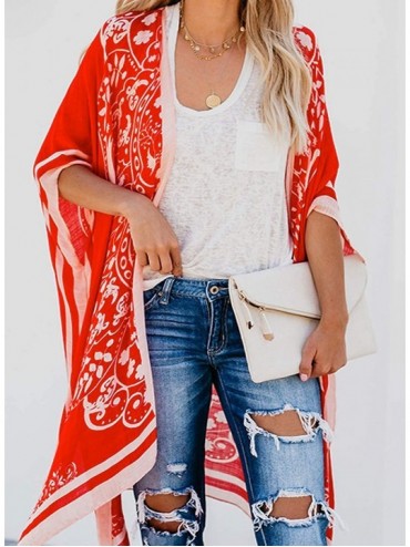 Cover-Ups Womens Open Front Printed Loose Style Kimonos Casual Bikini Set Swimwear Cover Up - D Red - CG192TXZ7WX $17.23