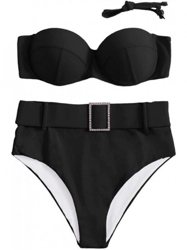 Sets Women's Strapless Push Up Underwire Swimsuit High Waist Two Piece Bikini Set - Black - CP199992NSO $26.87