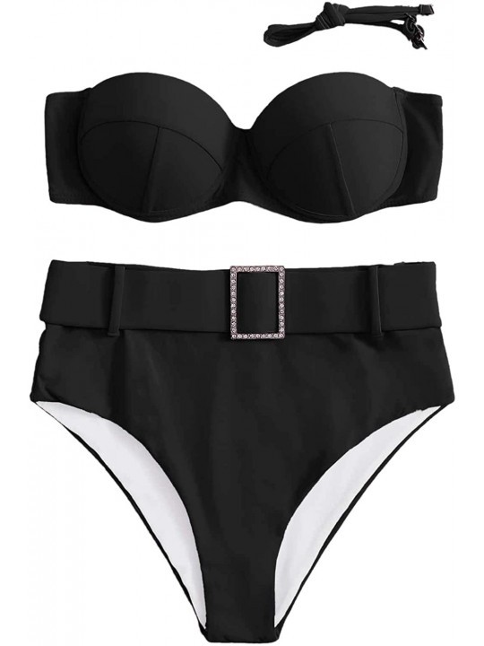 Sets Women's Strapless Push Up Underwire Swimsuit High Waist Two Piece Bikini Set - Black - CP199992NSO $12.56