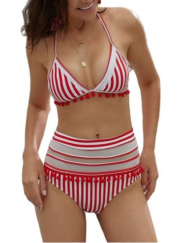 Sets Women's High Waist Mesh Padded Striped Two Pieces Bikini Set Tassel Trim Top Halter Straps Swimsuit - Red - C918SN6D2UT ...