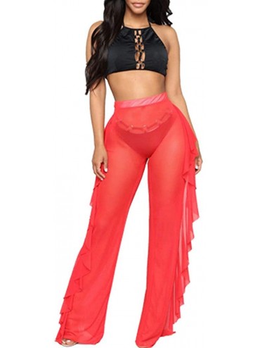 Cover-Ups Women's Perspective See Through Sheer Mesh Ruffle Pants Swimsuit Bikini Bottom Cover up - Red - CI18HELMQHL $23.55