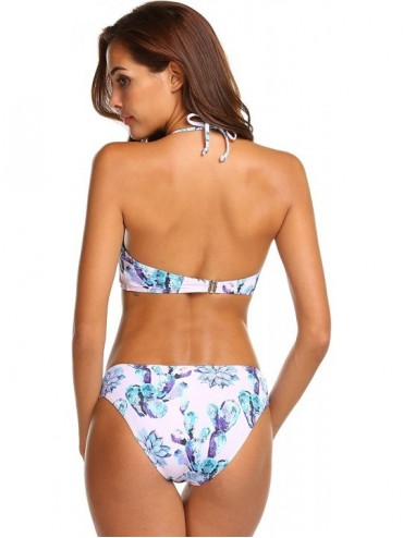 Sets Womens Forest Leaves Printing High Neck Halter Bikini Set Swimsuit XS-XXL - Pink&purple - CS18E509ED4 $22.57