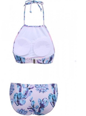Sets Womens Forest Leaves Printing High Neck Halter Bikini Set Swimsuit XS-XXL - Pink&purple - CS18E509ED4 $22.57