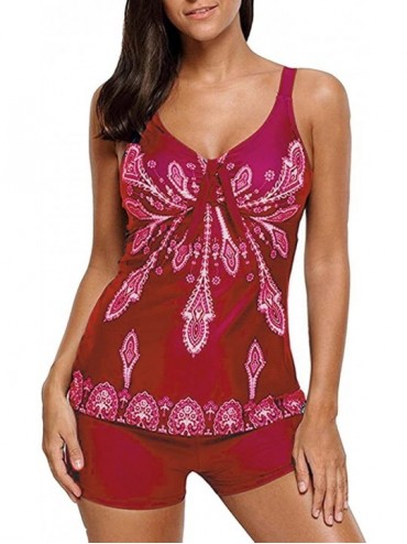 Tankinis Womens Strap Floral Adjustable Removable Padded Tankini Swimsuit - Red - CM1868N8LZQ $35.87