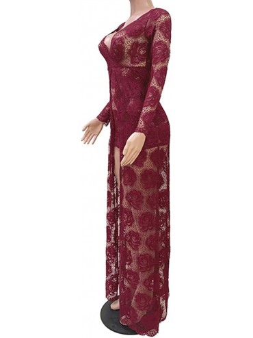 Cover-Ups Women Sexy High Slit Plunging V Neck Long Sleeve Club Party Beach Maxi Dress - D-wine Red - CT196SRRQ8U $27.60