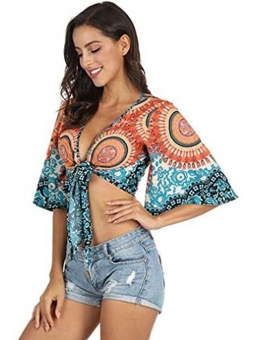 Cover-Ups Womens V Neck Crop Top Sexy Front Tie Blouse Shirt Bell Sleeve Beach Bikini Cover Up - Multicoloured - CK18T85SCDQ ...