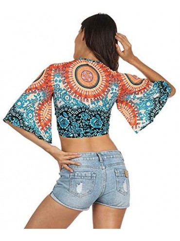 Cover-Ups Womens V Neck Crop Top Sexy Front Tie Blouse Shirt Bell Sleeve Beach Bikini Cover Up - Multicoloured - CK18T85SCDQ ...