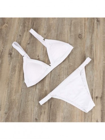 Sets Two Pieces Bikini Set for Women- Solid Color Triangle Bra with Low Waisted Ring Tied Bottom - White - CD18NY4XGTC $11.77