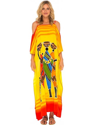 Cover-Ups Womens Long Kaftan Dress Beach Cover-Up Maxi Cold Shoulders Plus Size Caftan - Yellow - CX18NXDW7E7 $80.14