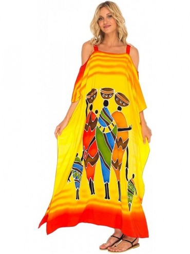 Cover-Ups Womens Long Kaftan Dress Beach Cover-Up Maxi Cold Shoulders Plus Size Caftan - Yellow - CX18NXDW7E7 $35.39