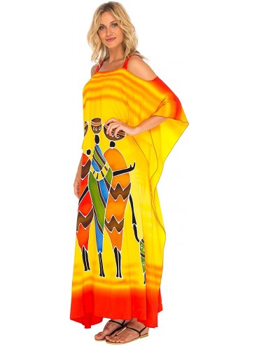 Cover-Ups Womens Long Kaftan Dress Beach Cover-Up Maxi Cold Shoulders Plus Size Caftan - Yellow - CX18NXDW7E7 $35.39