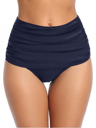 Bottoms Women Retro High Waisted Bikini Bottom Ruched Tummy Control Tankini Swim Briefs Short - Blue Ashes - CO18AZXQDKN $26.75