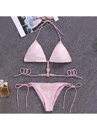 Sets Women Sexy Sequins Triangle Bikini 2 Piece Halter Padded Swimsuit Artificial Rhinestone Swimwear Beachwear - Pink - CH19...