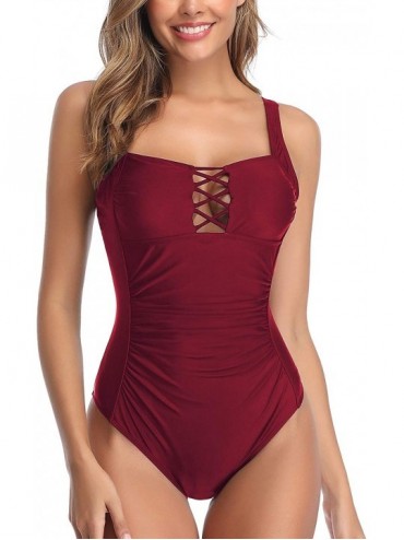 One-Pieces Women One Piece Swimsuit Tummy Control Ruched Swimwear Sexy Lace up Bathing Suits - Wine Red - CE192Z0GWAI $40.20