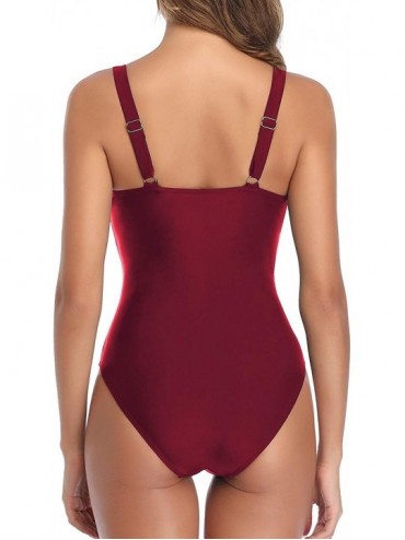 One-Pieces Women One Piece Swimsuit Tummy Control Ruched Swimwear Sexy Lace up Bathing Suits - Wine Red - CE192Z0GWAI $23.13