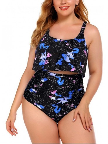 Sets Women Bikini Set Tummy Control Swimsuit Two Piece High Waist Floral Swimwear Plus Size - Sky Blue - CO190ZXLTHY $56.38