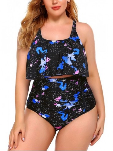 Sets Women Bikini Set Tummy Control Swimsuit Two Piece High Waist Floral Swimwear Plus Size - Sky Blue - CO190ZXLTHY $24.67