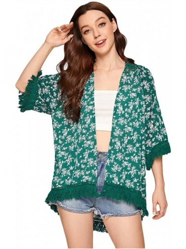 Cover-Ups Women's Tassel Kimono Fringe Cardigan Beachwear Cover up - Dark Green - CS1944NHEXU $23.64
