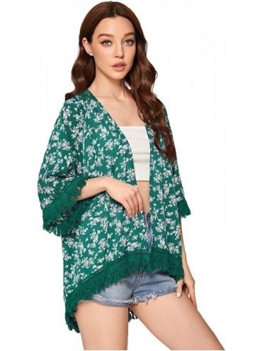 Cover-Ups Women's Tassel Kimono Fringe Cardigan Beachwear Cover up - Dark Green - CS1944NHEXU $13.41