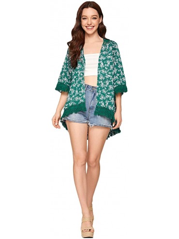 Cover-Ups Women's Tassel Kimono Fringe Cardigan Beachwear Cover up - Dark Green - CS1944NHEXU $13.41