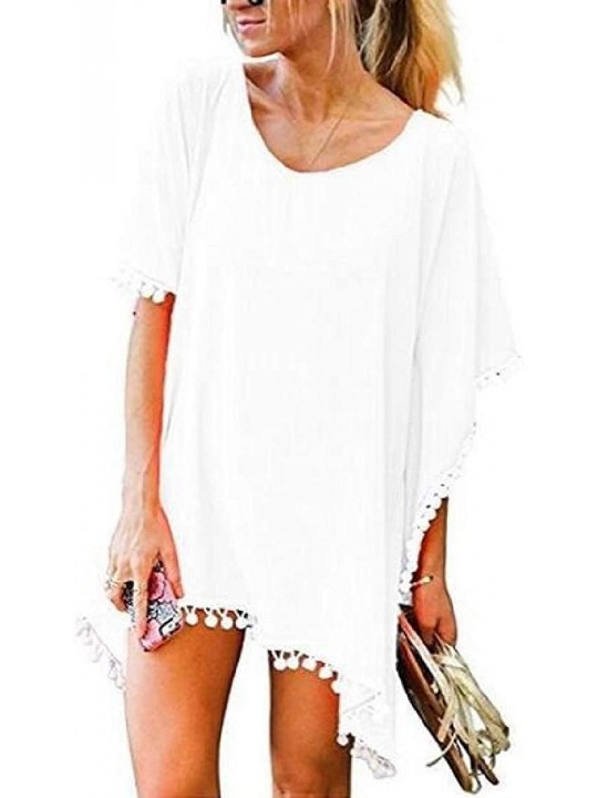 Cover-Ups Beach Chiffon Loose Pom Pom Swimwear Maxi Cover Up Dress - White - CU18RERL3X4 $12.50