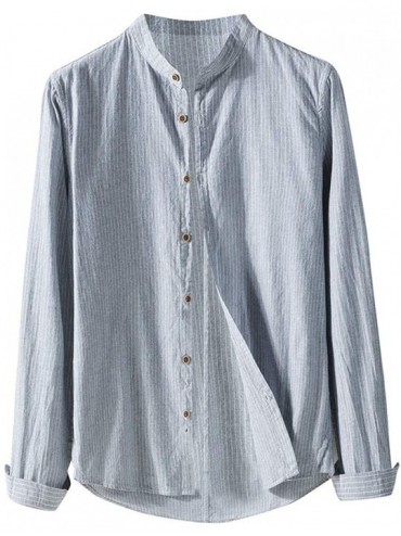 Rash Guards Tops Mens Causal Shirt Long Sleeve Button Cotton Linen Solid Color Loose Blouse - Blue - C418YLSCEDH $42.51