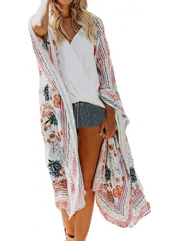 Cover-Ups Kimono Cardigans for Women Summer Beach Floral Chiffon Long Bikini Cover-up Tops - White 09 - CZ18SWC9TL9 $31.24