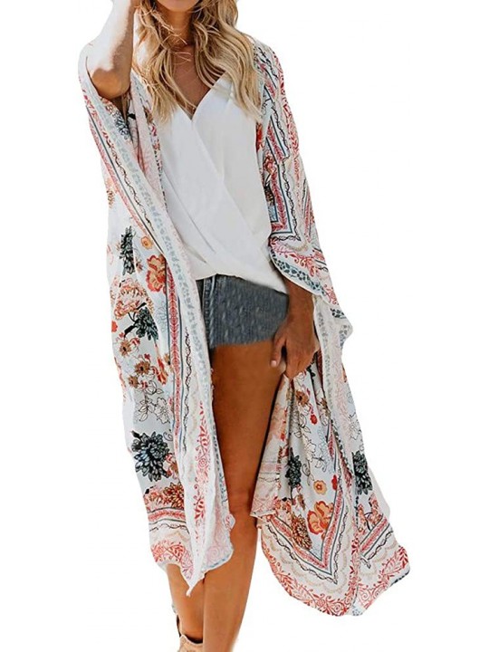 Cover-Ups Kimono Cardigans for Women Summer Beach Floral Chiffon Long Bikini Cover-up Tops - White 09 - CZ18SWC9TL9 $12.74
