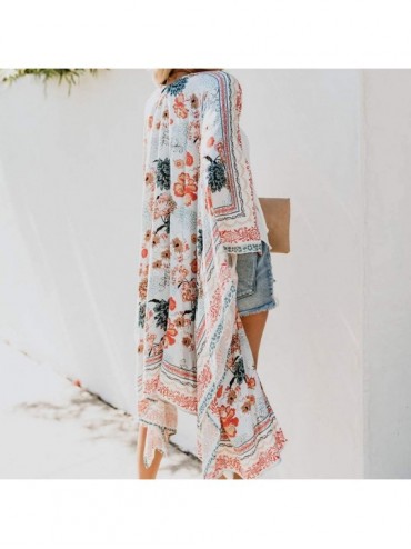 Cover-Ups Kimono Cardigans for Women Summer Beach Floral Chiffon Long Bikini Cover-up Tops - White 09 - CZ18SWC9TL9 $12.74