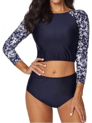 Racing Swimwear for Womens Set Sunscreen Surfing Suit Push Up Padded Waterproof Print Bra Beachwear Tankini Bikini Blue - CG1...