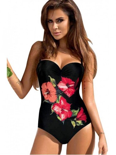 One-Pieces Fashion One Piece Halter Swimsuit Ruffle Deep V Bathing Suit Padded Monokini - H-red Print - CH18Q9NG3SN $50.10
