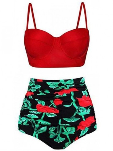 Sets Women High Waist Bikini Set Floral 2 Piece Swimsuit Bathing Suit Swimwear - Red Green Black - CG190DRNIIT $83.43