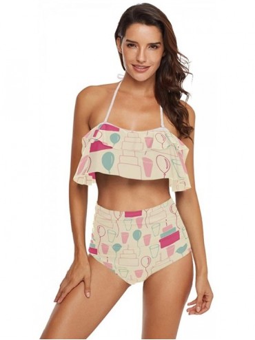 Sets Women's Swimsuits Balloon Cake Pattern Ruffled Halter Top Push Bikini Set Two Piece Bathing Suits - CE18TC5IKUU $49.86