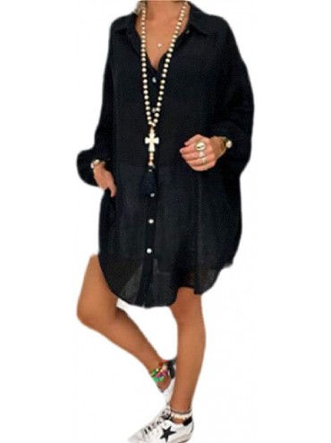 Cover-Ups Women Loose Fit Solid Color Long Sleeve Bikini Cover Up Plus Size Shirt Blouse Top - Black - C3199XUX897 $49.41