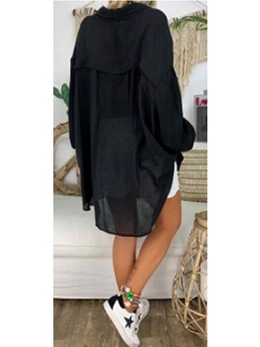 Cover-Ups Women Loose Fit Solid Color Long Sleeve Bikini Cover Up Plus Size Shirt Blouse Top - Black - C3199XUX897 $31.13