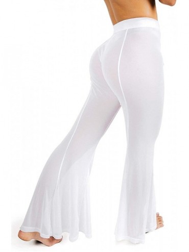 Cover-Ups Womens Mesh Swimsuit Cover Up Pant See Through Bikini Bathing Suit Wide Leg Trousers - White - CK18SGKLQCS $33.94