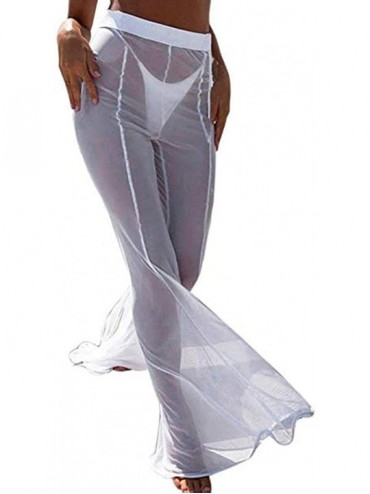 Cover-Ups Womens Mesh Swimsuit Cover Up Pant See Through Bikini Bathing Suit Wide Leg Trousers - White - CK18SGKLQCS $14.68