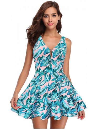 One-Pieces Women's Sexy One Piece Skirt Swimsuit Ruched Retro Swimdress Suits - Leaves - CM195KUHLL7 $55.91